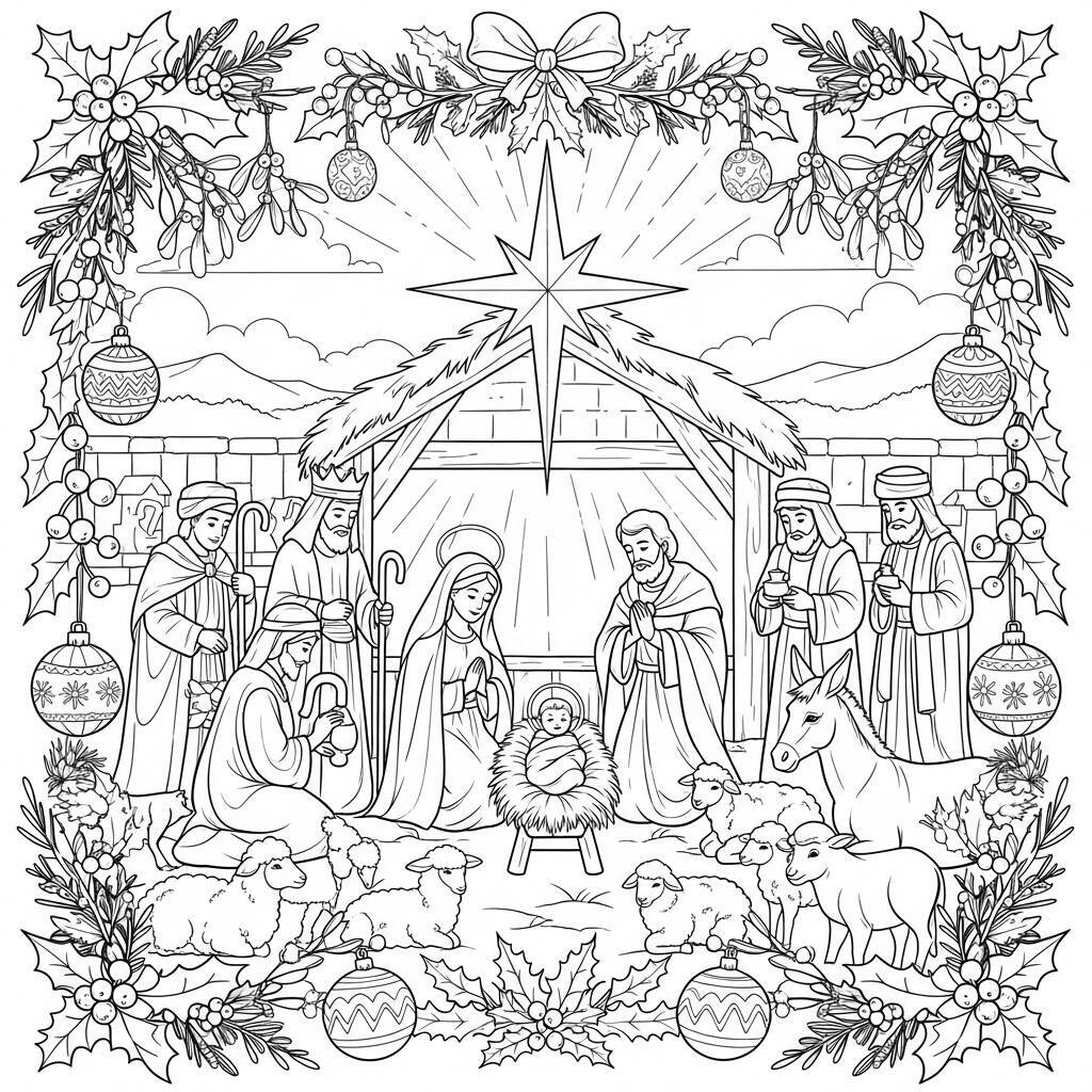Krippenszene mit weihnachtlichen Details zum Ausmalen