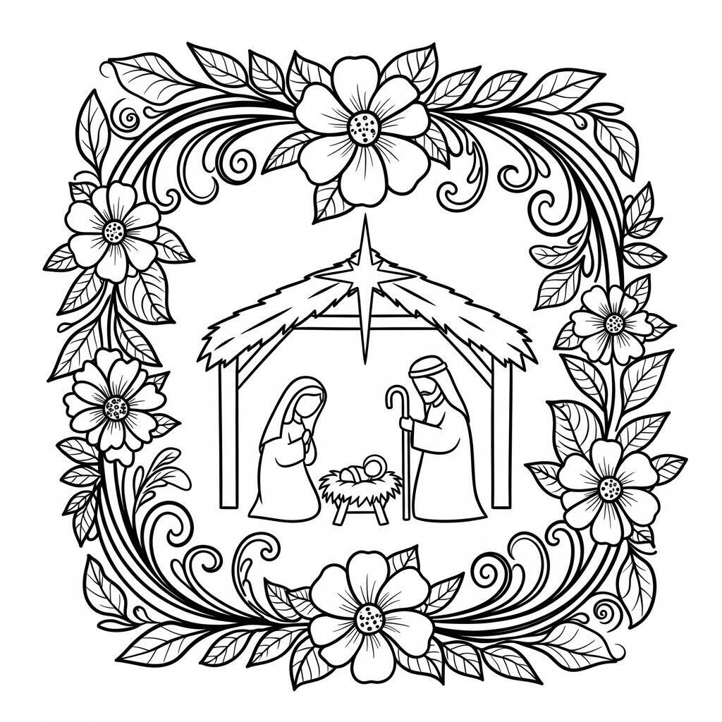 Krippe mit floralen Elementen zum Ausmalen