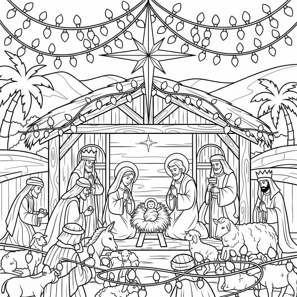 Desenho de Presépio com Luzes de Natal para Colorir