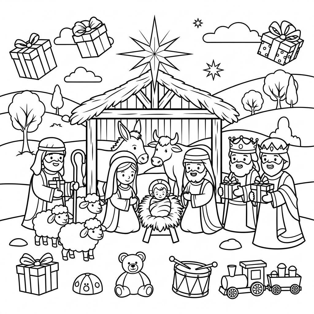 Krippe mit Weihnachtsgeschenken zum Ausmalen