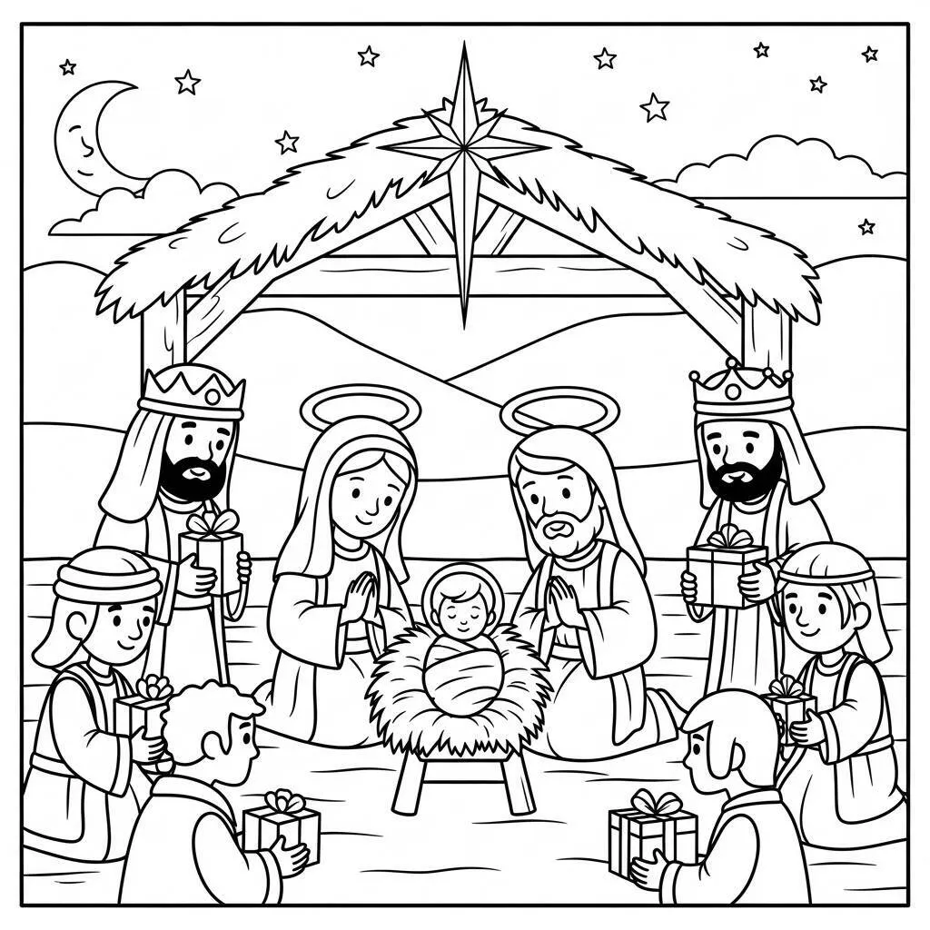 Desenho de Presépio em Estilo Cartoon para Colorir