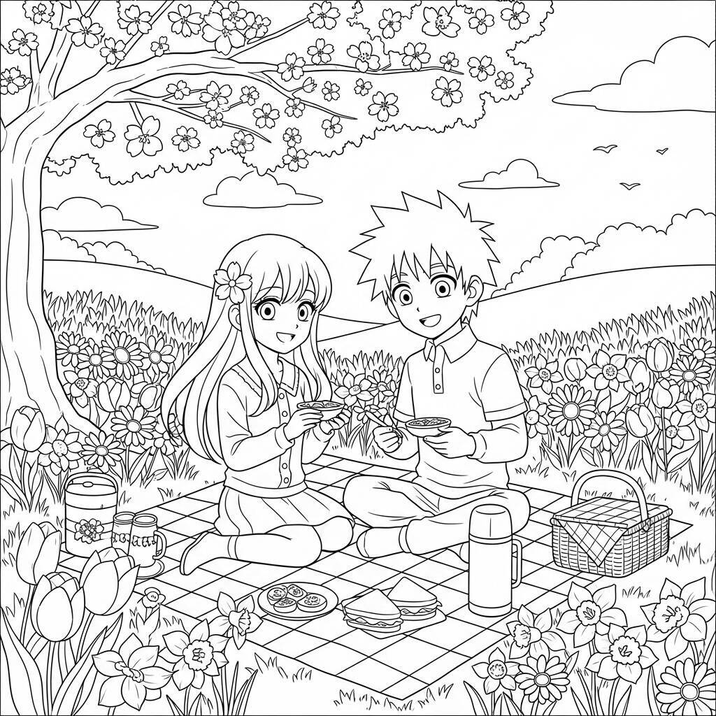 Desenho de Primavera Anime para Colorir