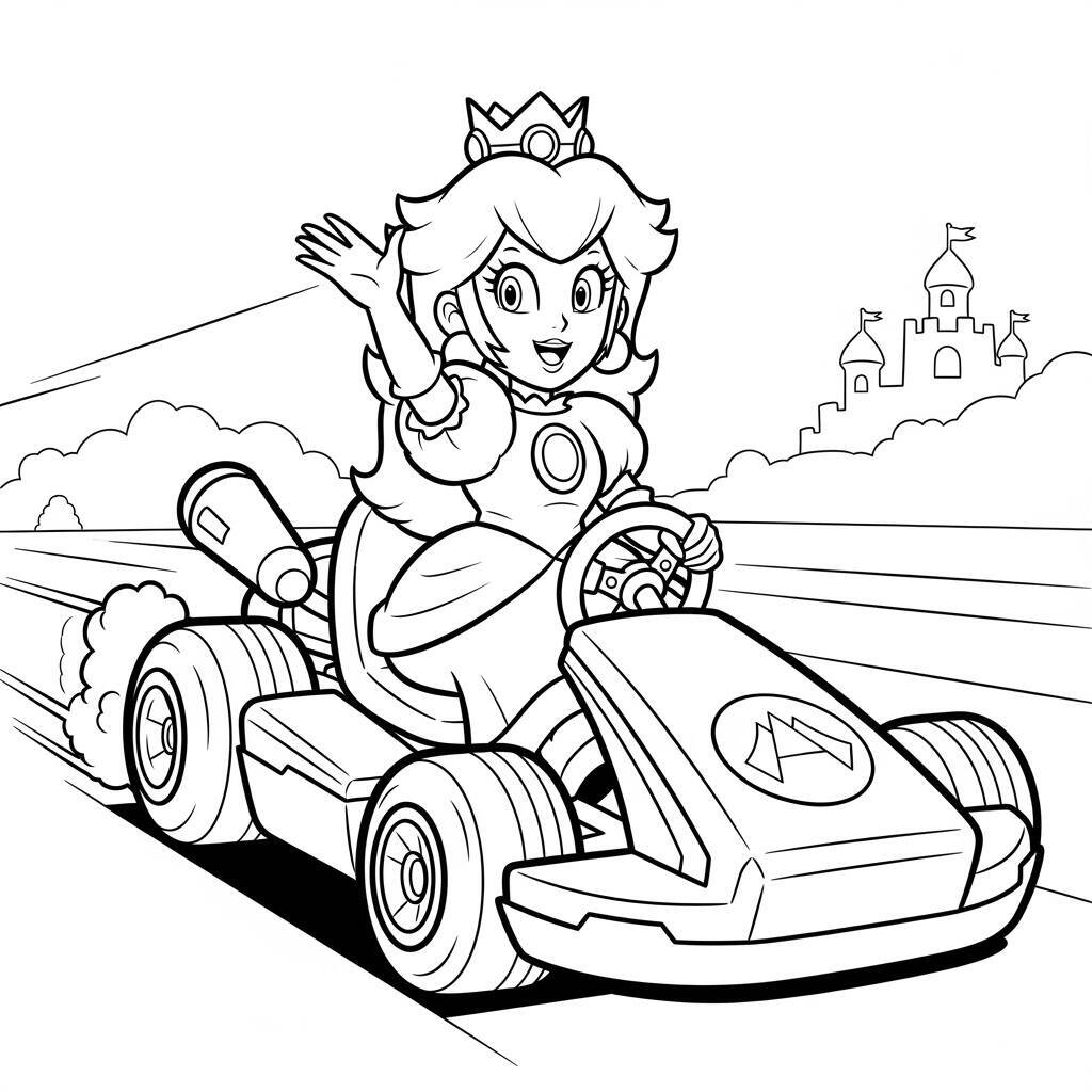 Desenho de Princesa Peach em um Kart para Colorir