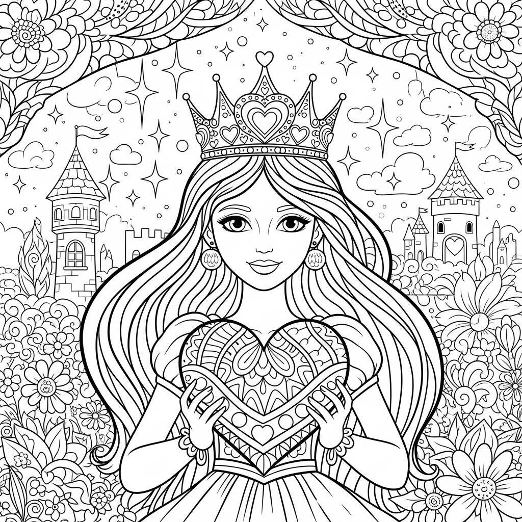 Desenho de Princesa com Coração para Colorir