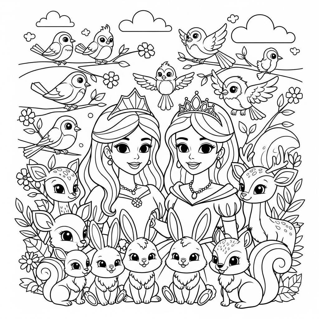 Desenho de Princesas com Animais para Colorir