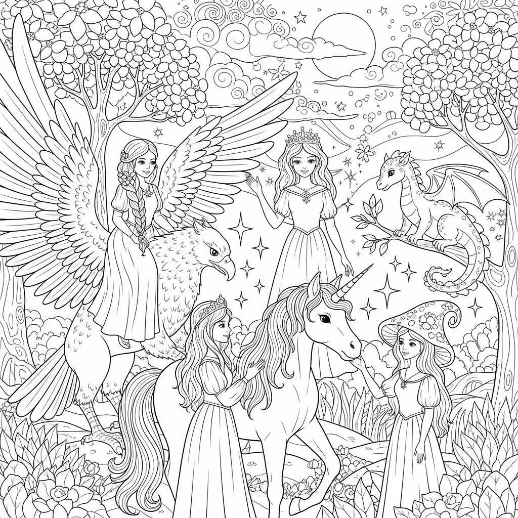 Coloriage Princesses et Animaux Fantastiques