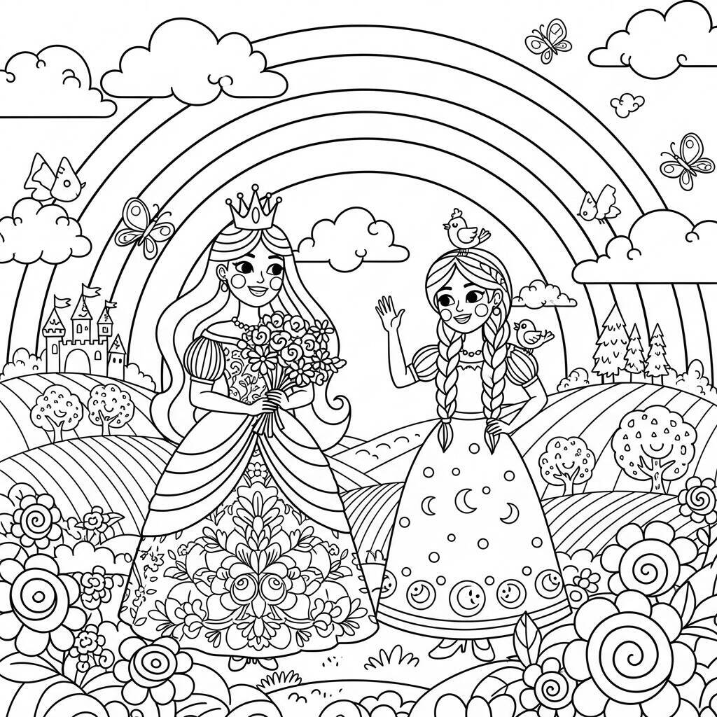 Coloriage Princesses et arcs-en-ciel