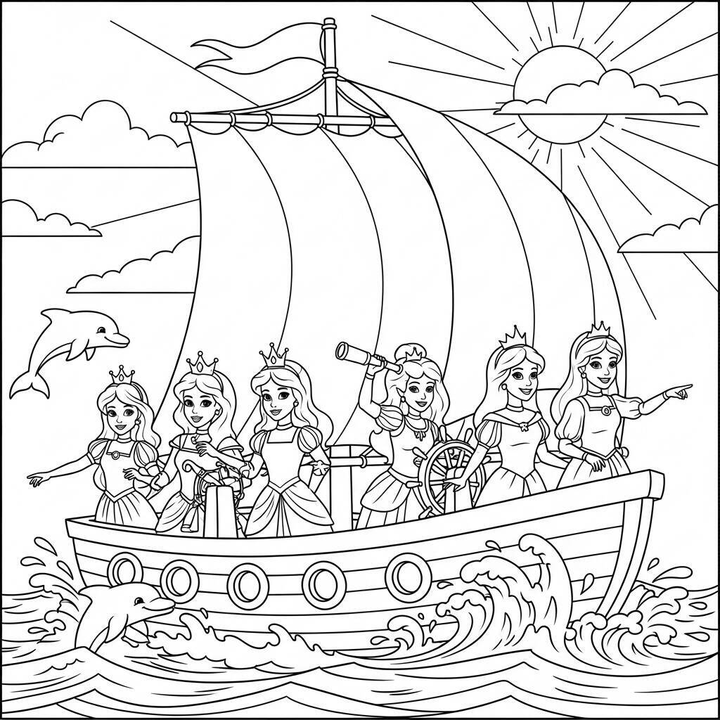 Coloriage Princesses et aventure en mer