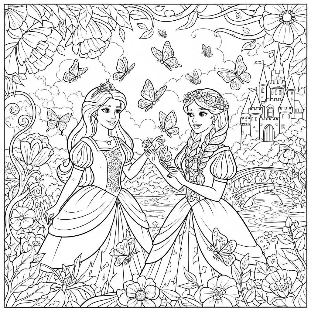 Desenho de Princesas e Borboletas para Colorir