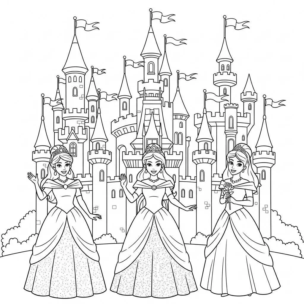 Desenho de Princesas e Castelos para Colorir