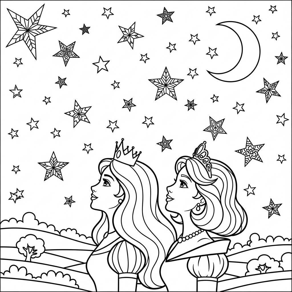 Coloriage Princesses et ciel nocturne