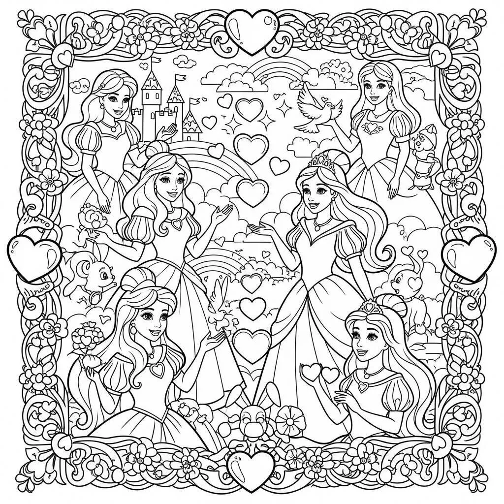 Desenho de Princesas e Corações para Colorir