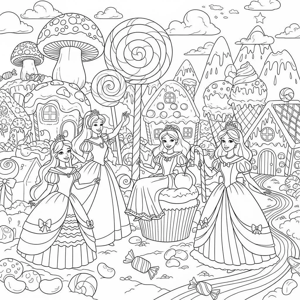 Desenho de Princesas e Doces para Colorir