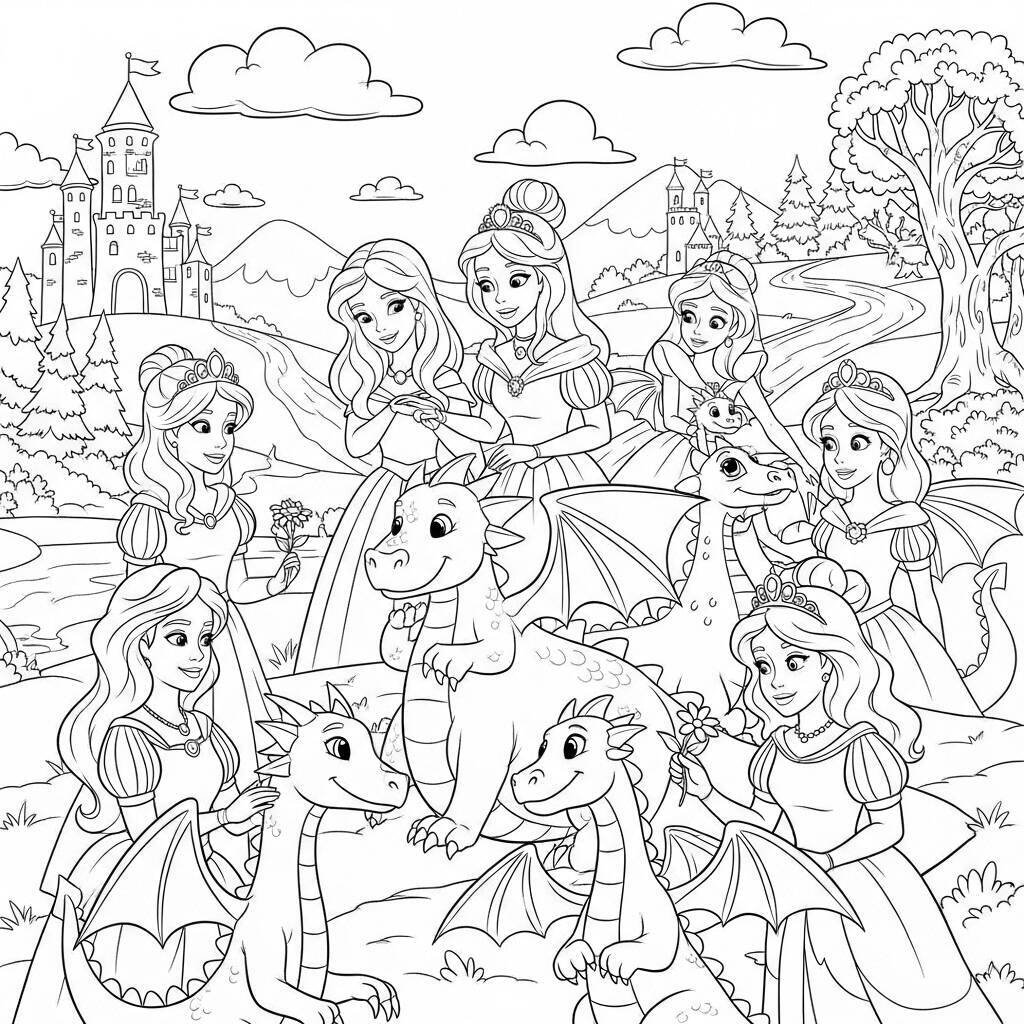 Coloriage Princesses et Dragons