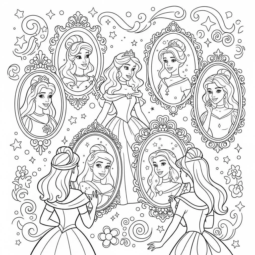 Desenho de Princesas e Espelhos para Colorir