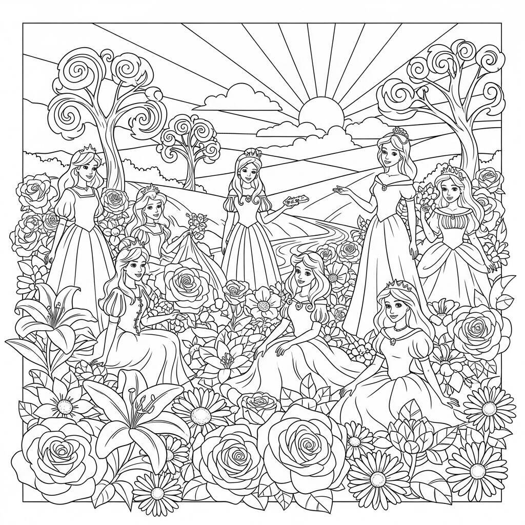 Coloriage Princesses et Fleurs