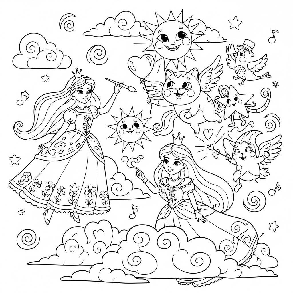 Coloriage Princesses et Nuages