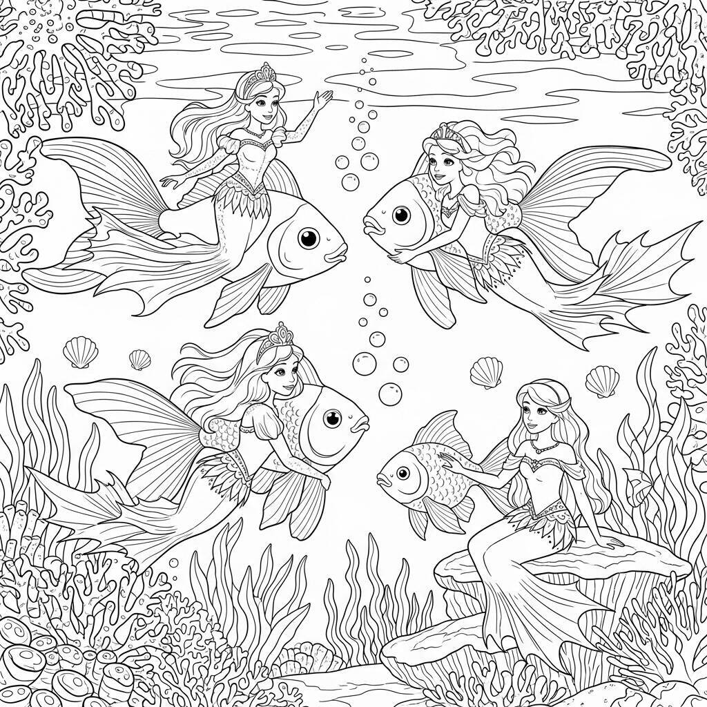 Coloriage princesses et poissons rouges