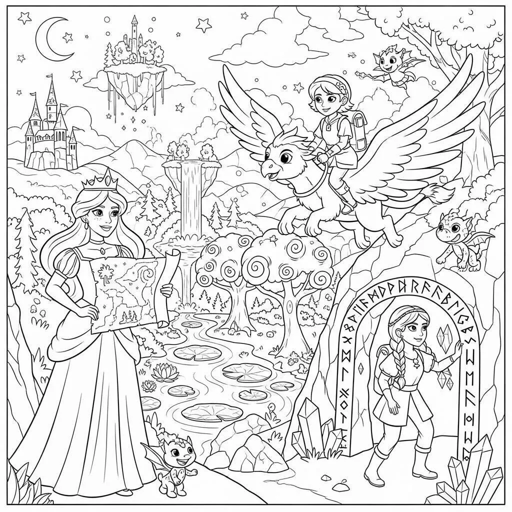 Desenho de Princesas em Aventuras para Colorir