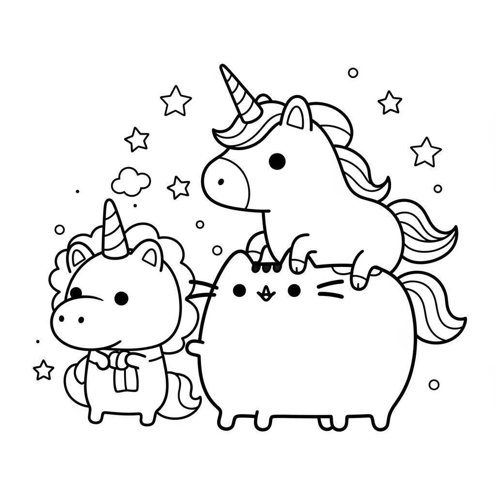 Desenho de Pusheen e um Unicornio para Colorir