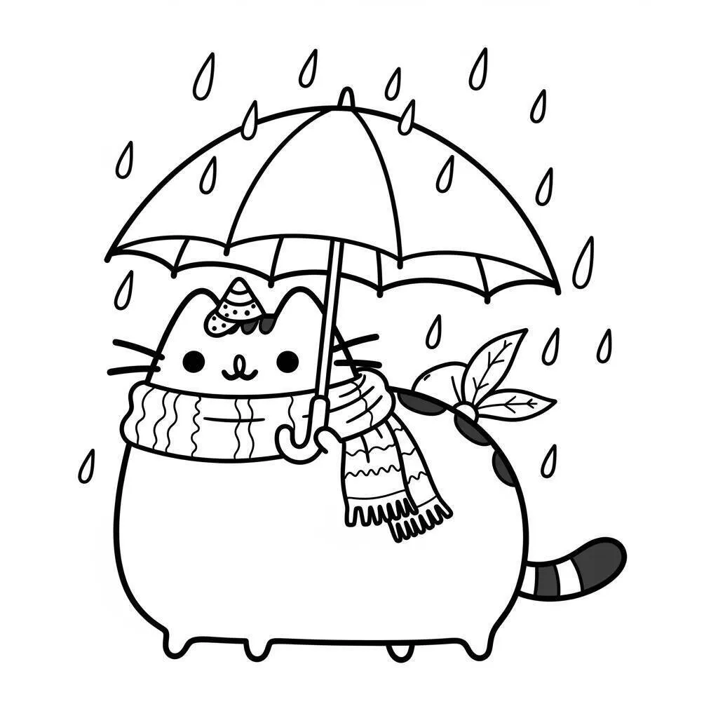Desenho-de-Pusheen-em-um-Dia-de-Chuva-para-Colorir Desenho de Pusheen em um Dia de Chuva para Colorir