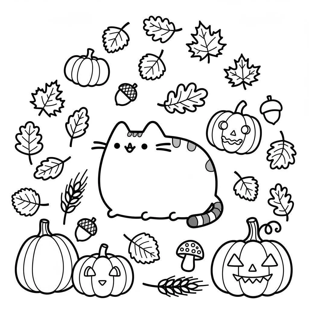 Desenho de Pusheen em um Festival de Outono para Colorir