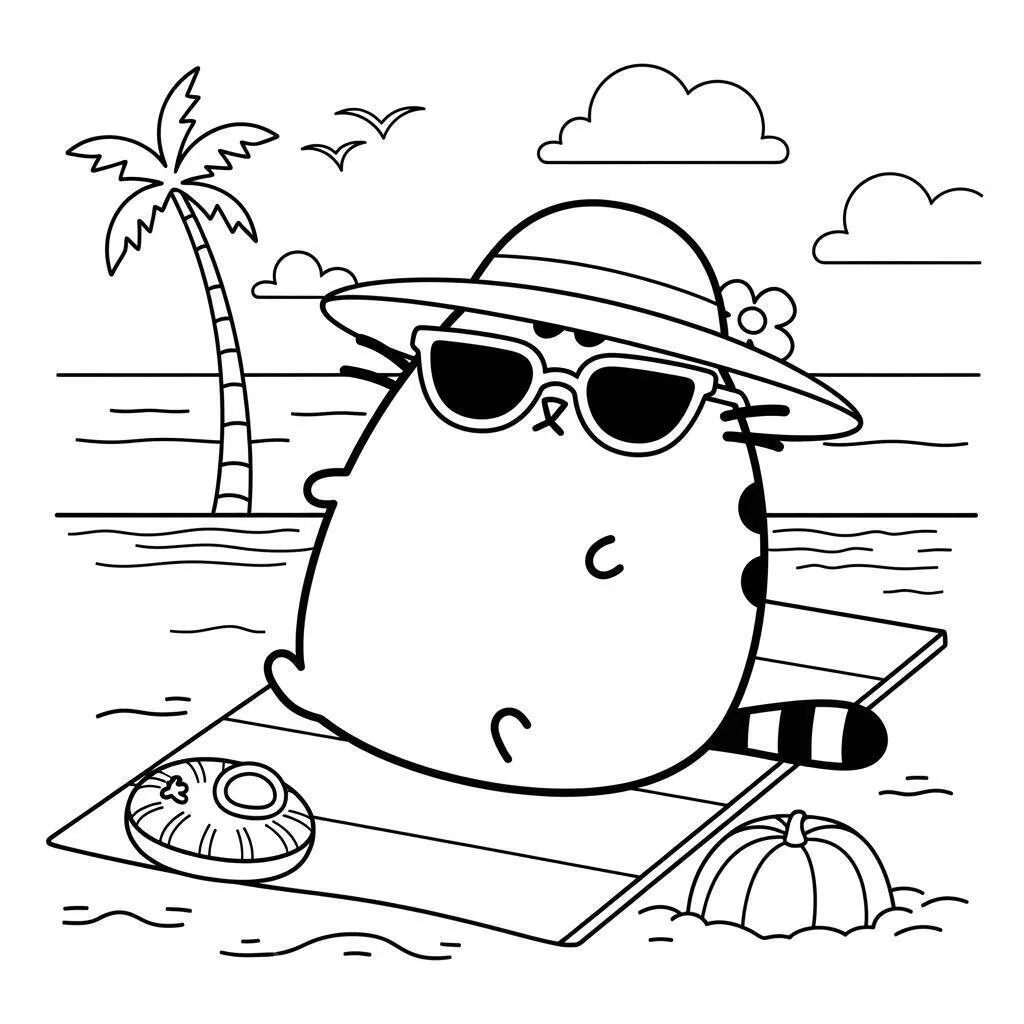 Desenho de Pusheen na Praia para Colorir