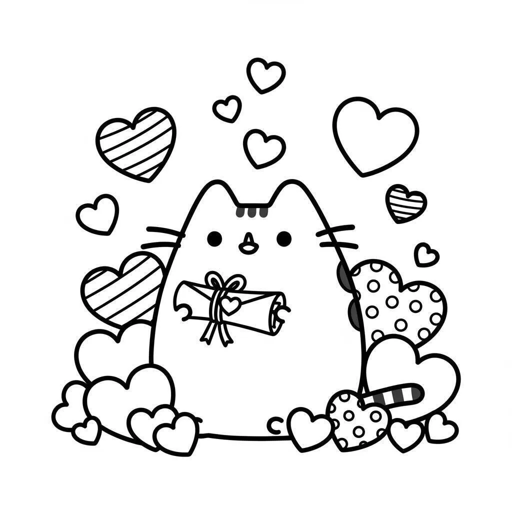Desenho de Pusheen no Dia dos Namorados para Colorir