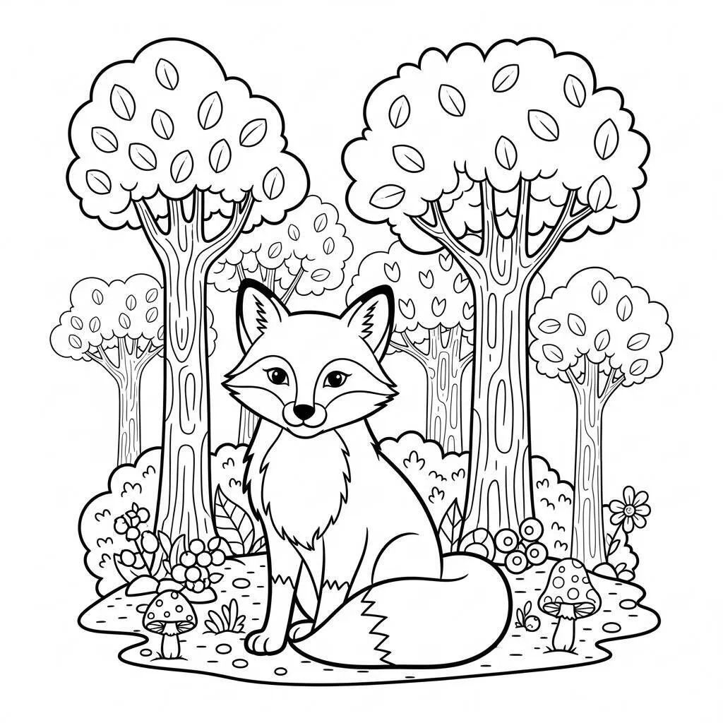 Desenho de Raposa e Árvores para Colorir