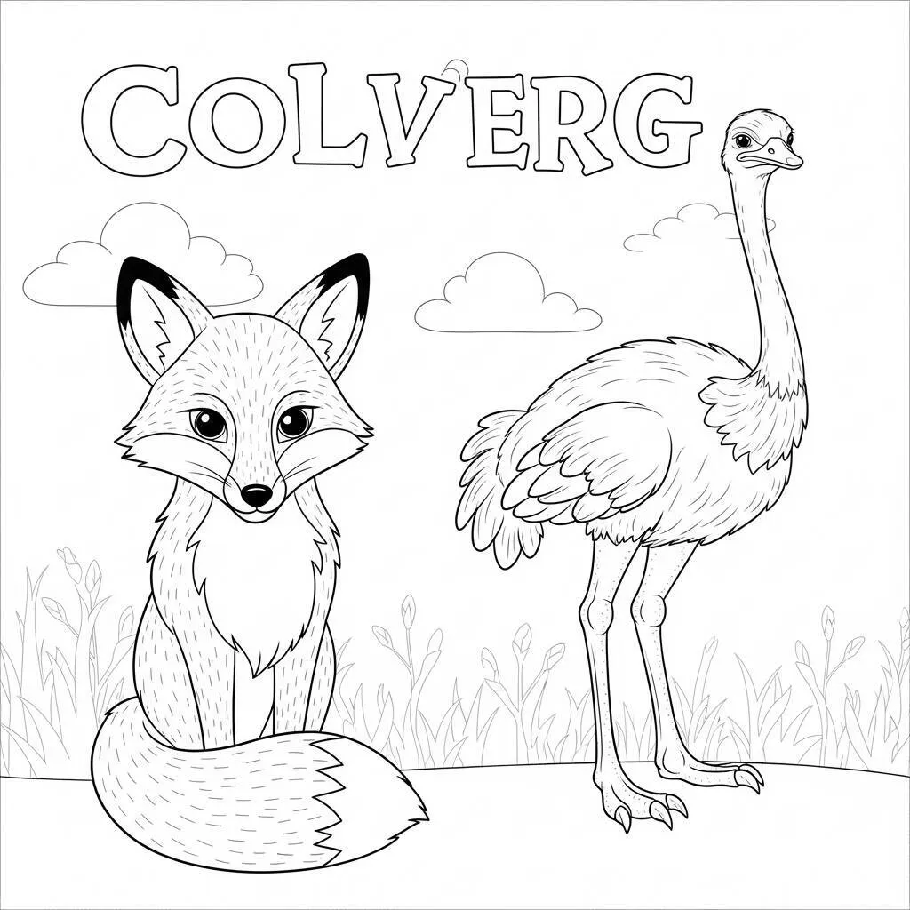 Desenho de Raposa e Avestruz para Colorir