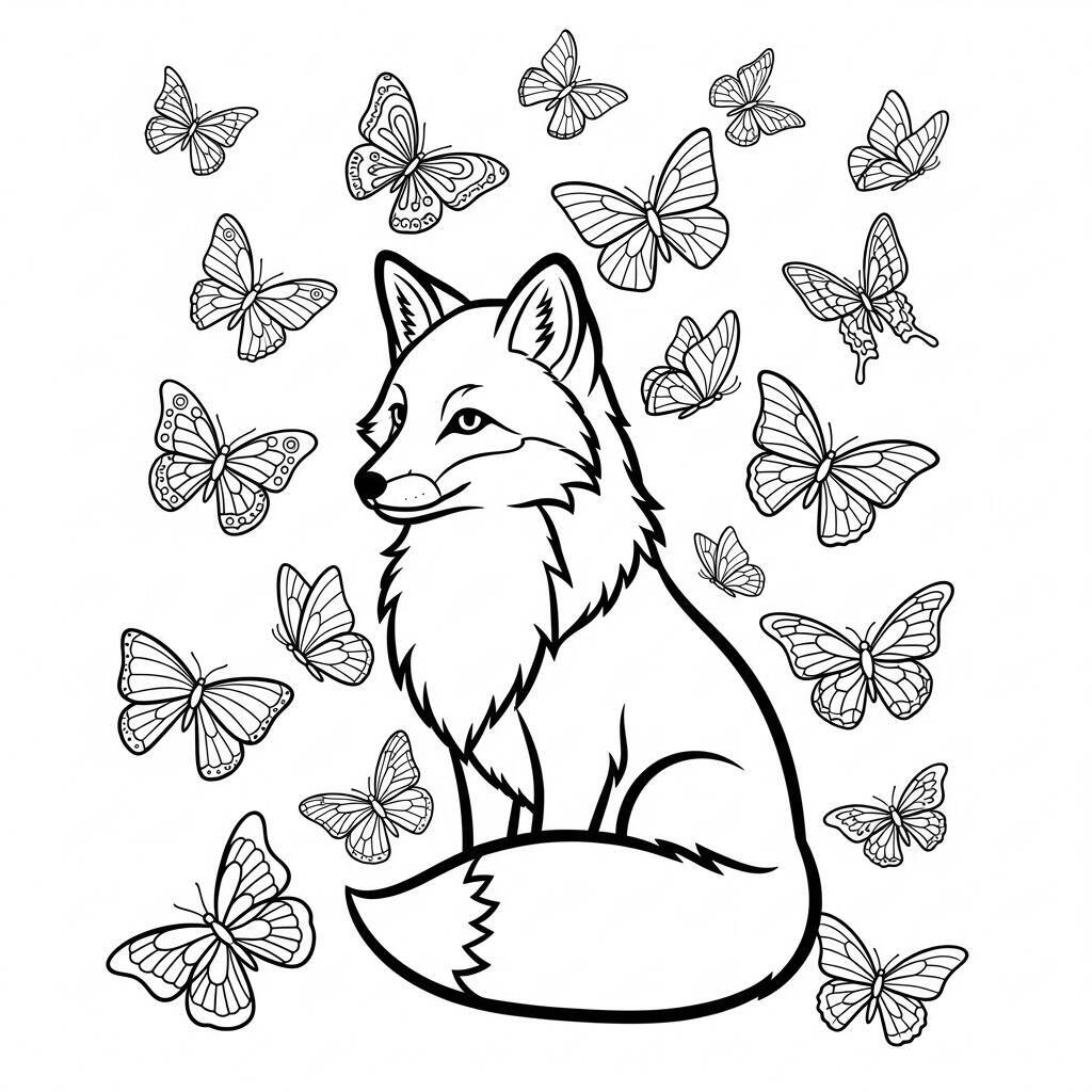 Malvorlage Fuchs und Schmetterlinge