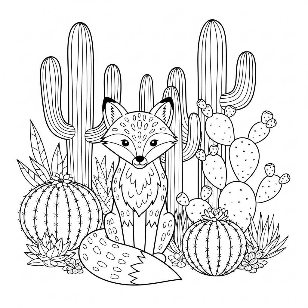 Malvorlage Fuchs und Kaktus