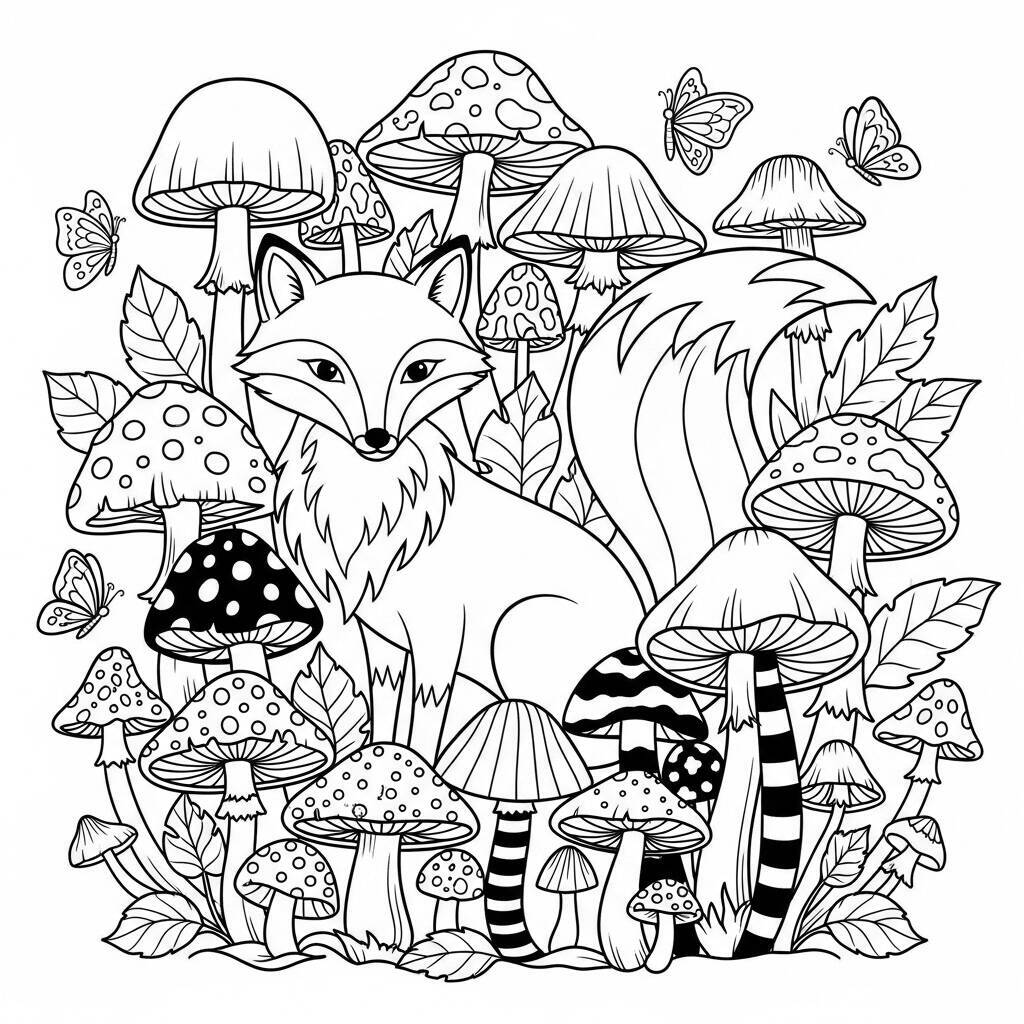 Malvorlage Fuchs und Pilze