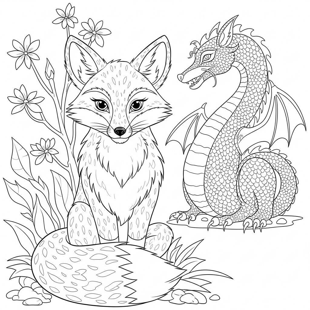 Malvorlage Fuchs und Drache