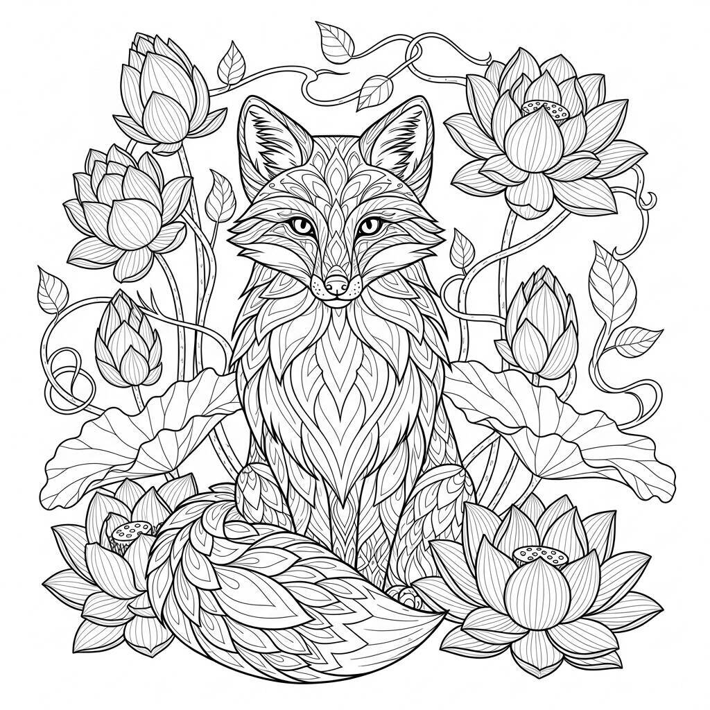 Malvorlage Fuchs und Lotusblumen