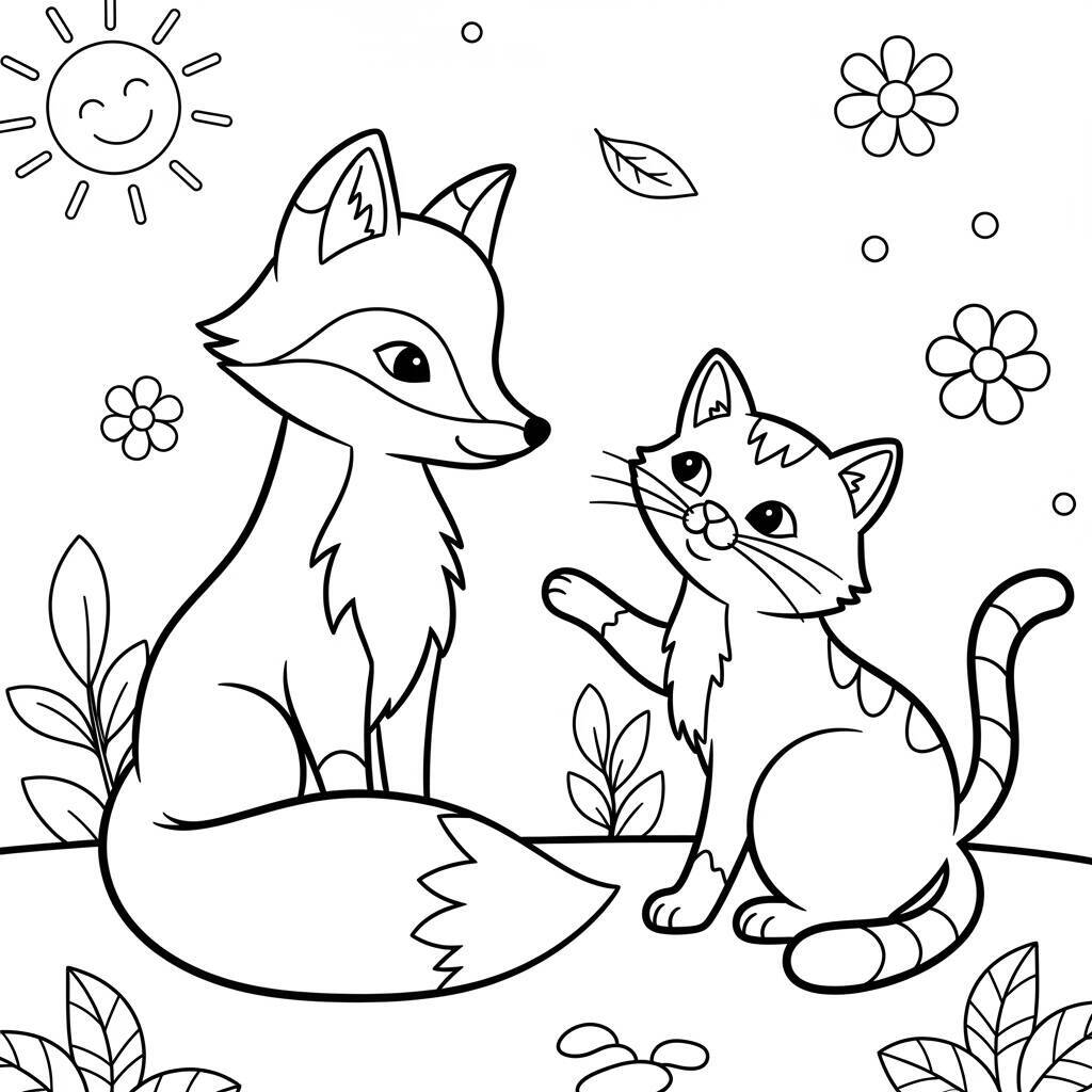Malvorlage Fuchs und Katze