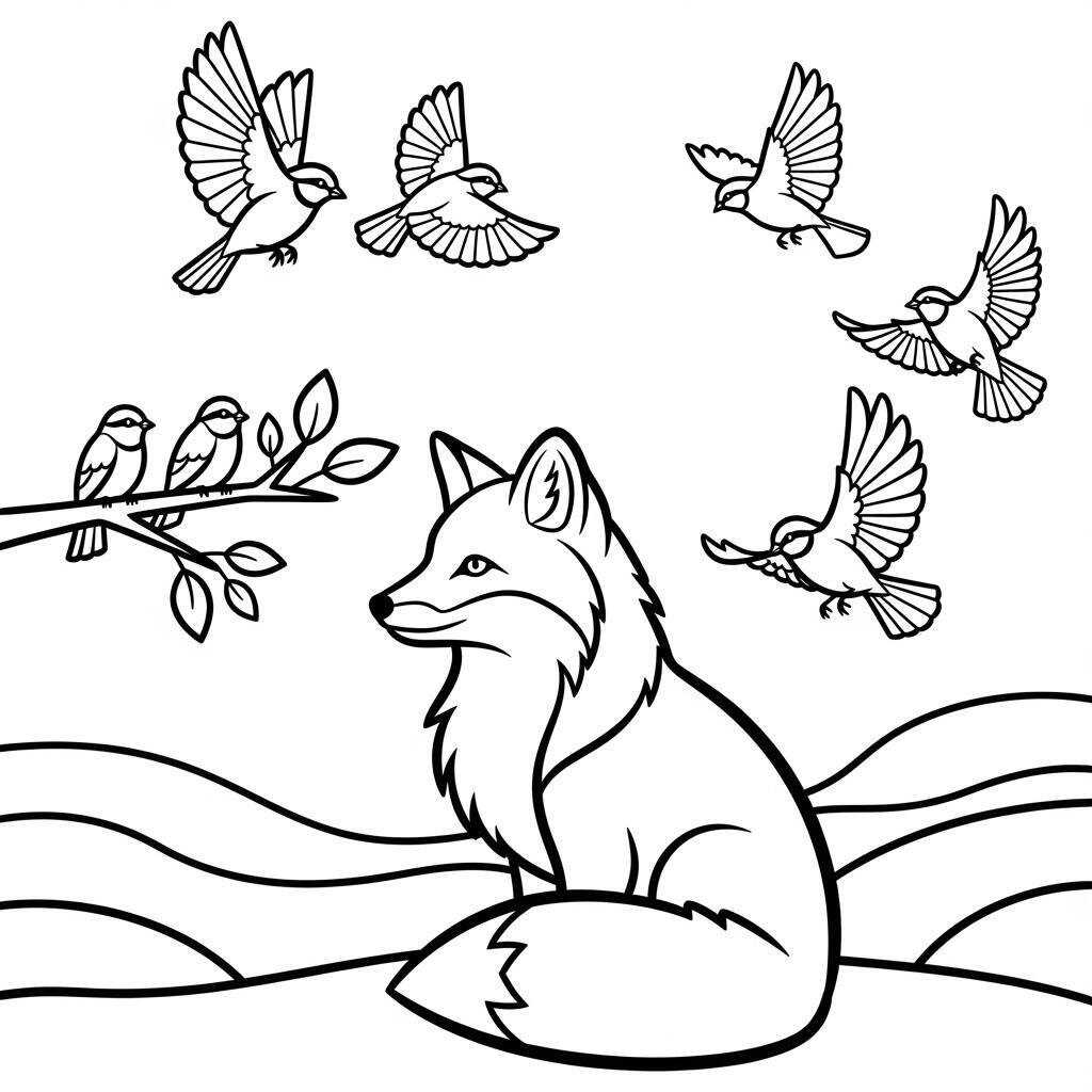 Malvorlage Fuchs und Vögel