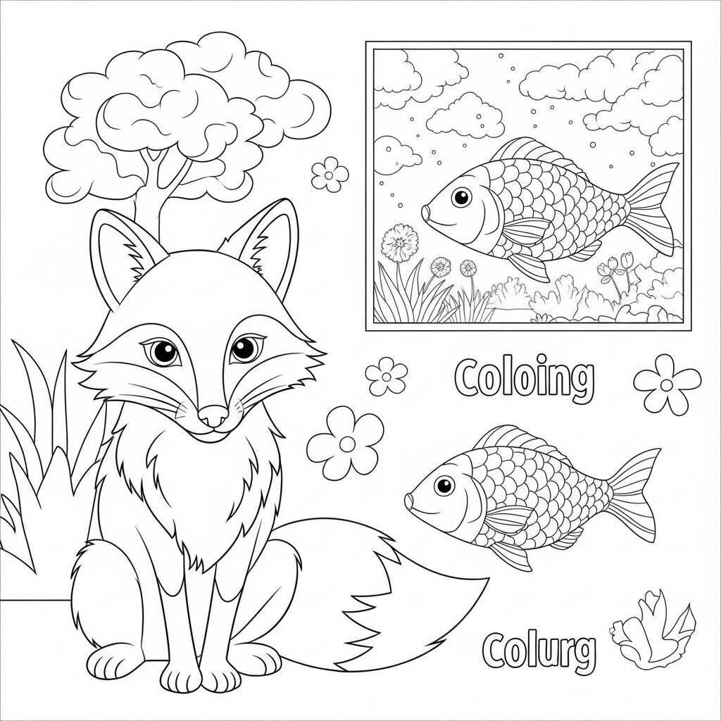 Malvorlage Fuchs und Fisch