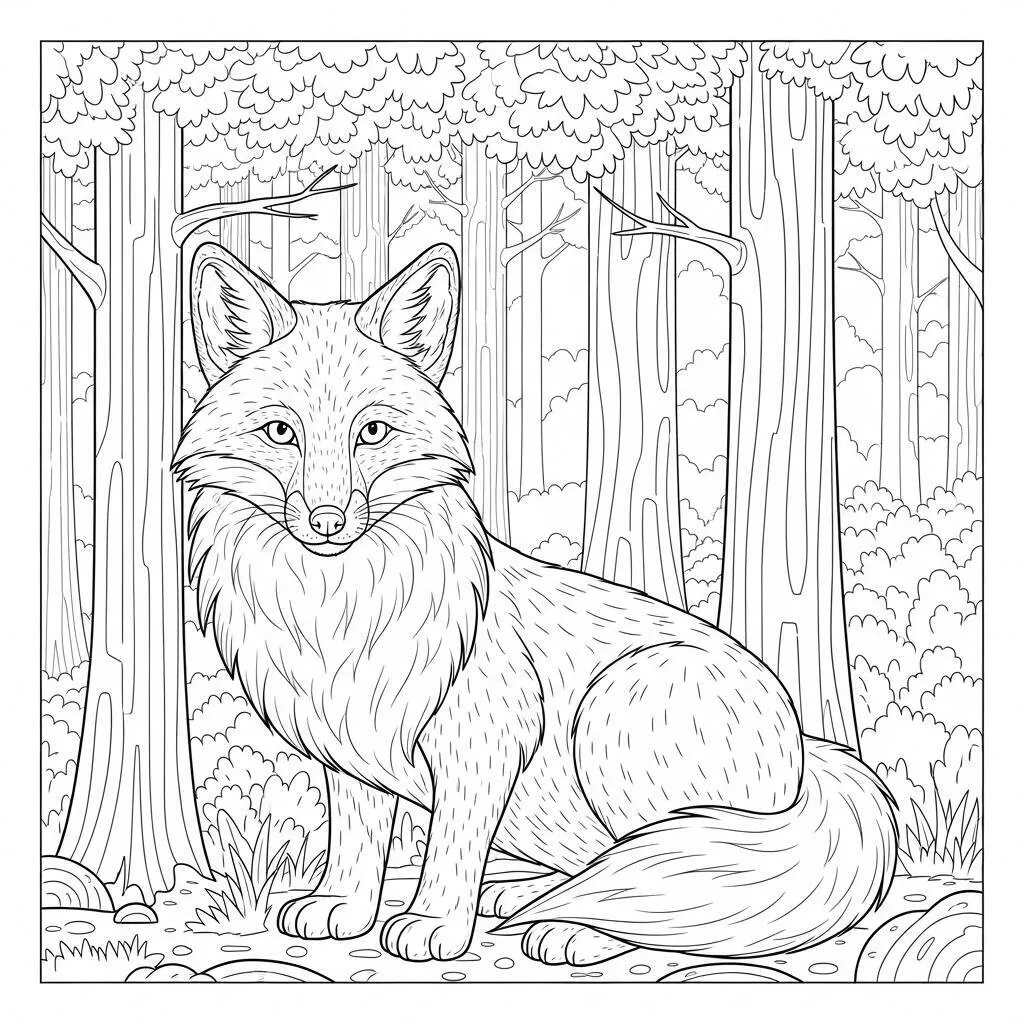 Desenho de Raposa na Floresta para Colorir