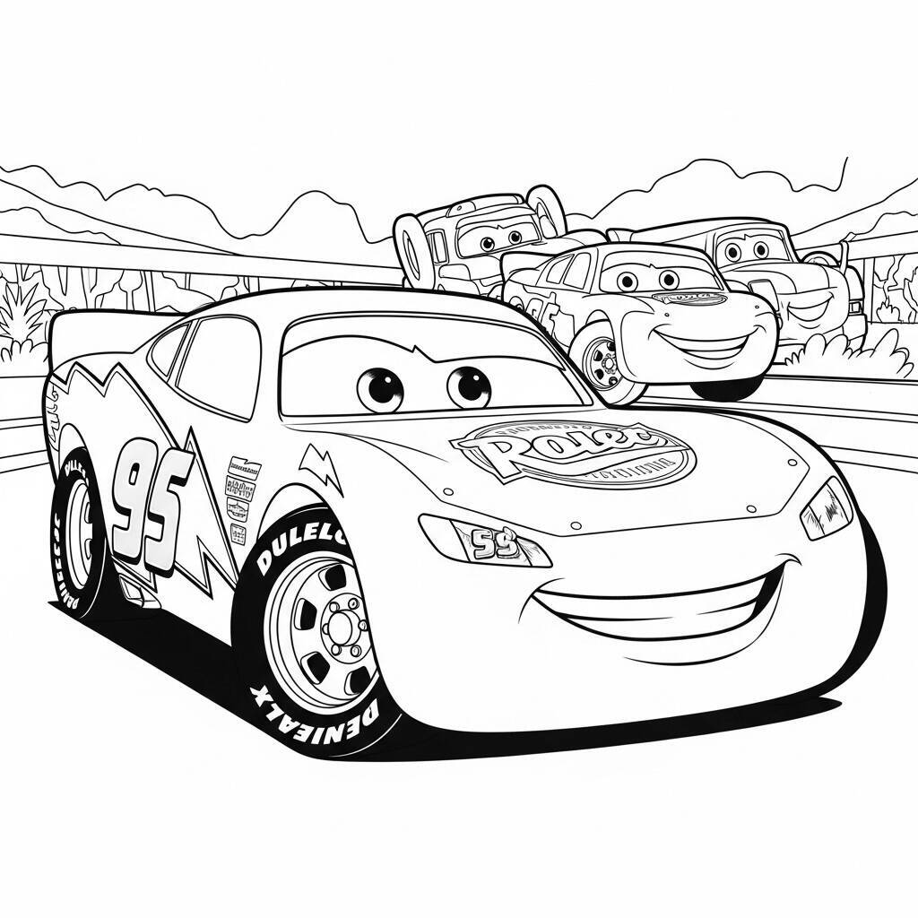 Desenho de Relâmpago McQueen com Amigos para Colorir