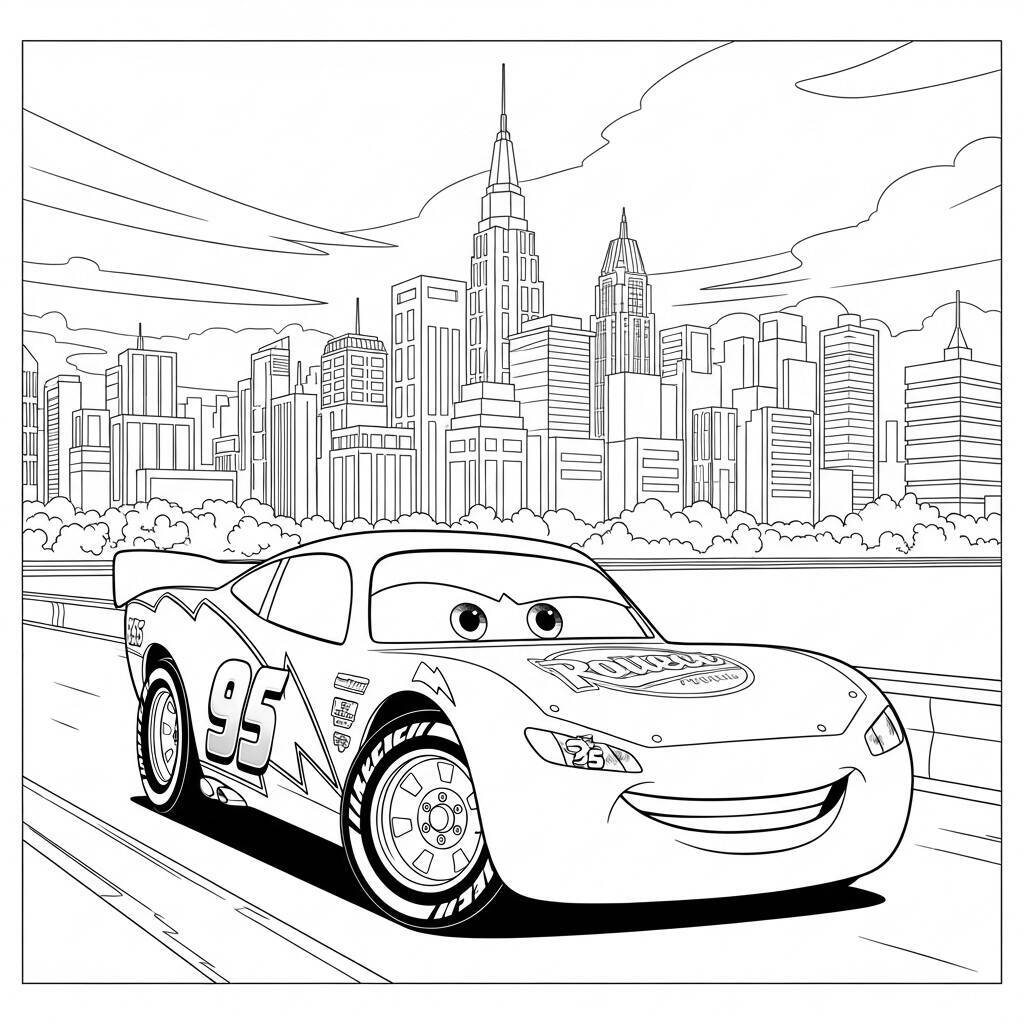 Desenho de Relâmpago McQueen com Fundo de Cidade para Colorir
