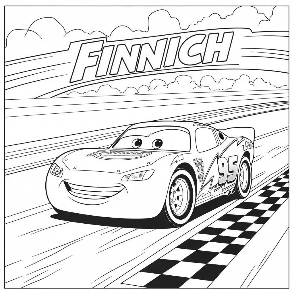 Desenho de Relâmpago McQueen com uma Faixa de Chegada para Colorir