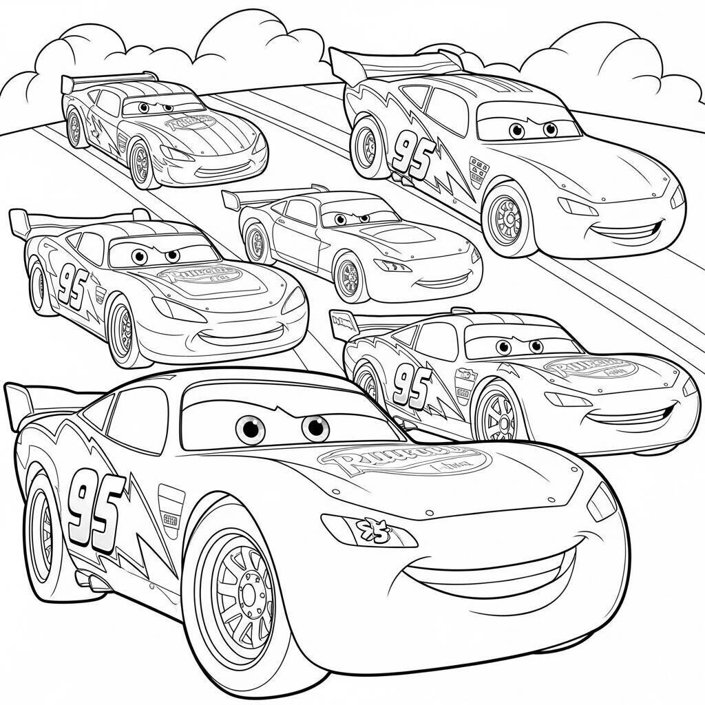 Desenho de Relâmpago McQueen e Outros Carros para Colorir