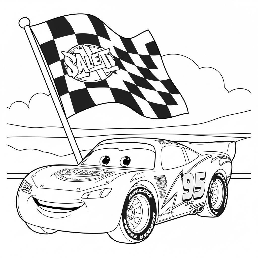 Desenho de Relâmpago McQueen e a Bandeira Quadriculada para Colorir