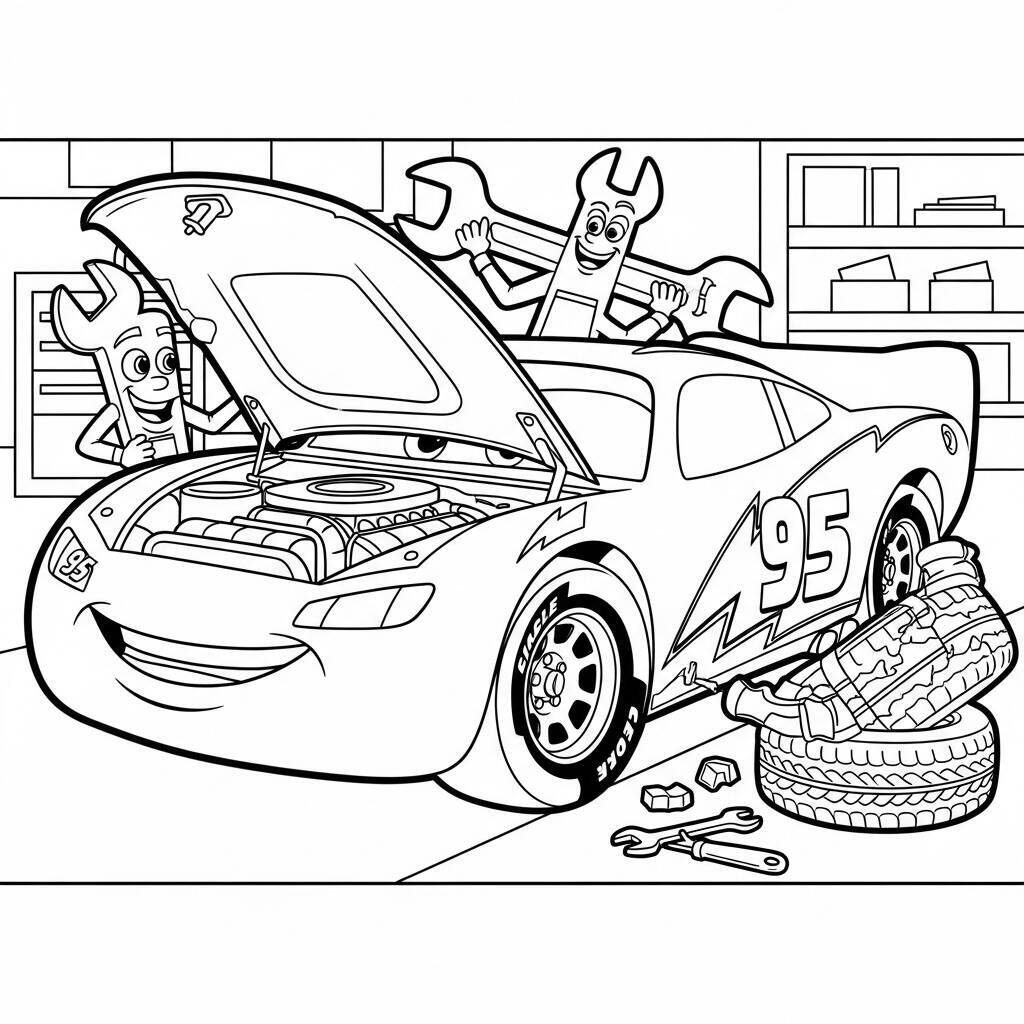 Desenho de Relâmpago McQueen e a Manutenção do Carro para Colorir