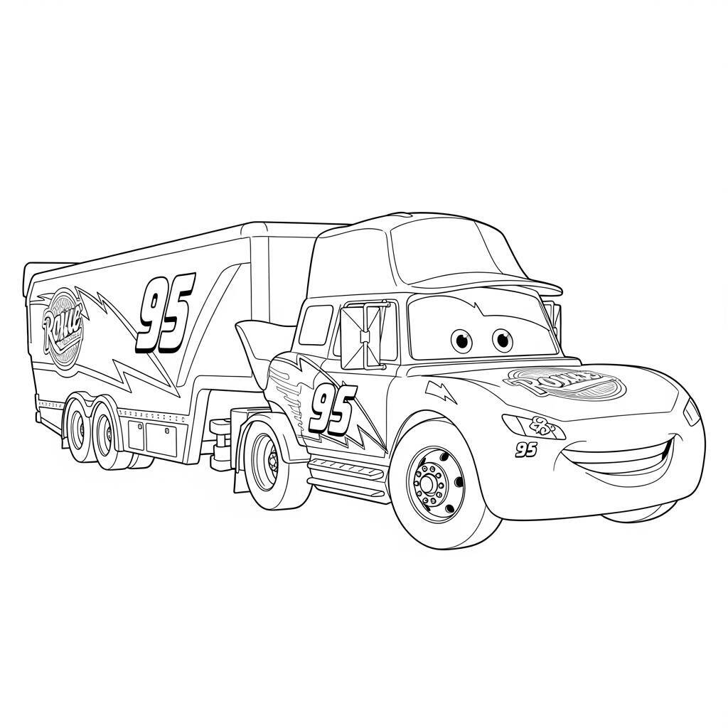 Desenho de Relâmpago McQueen e o Caminhão de Carga para Colorir