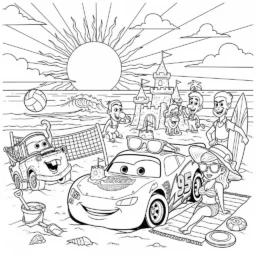 Desenho de Relâmpago McQueen e os Amigos na Praia para Colorir
