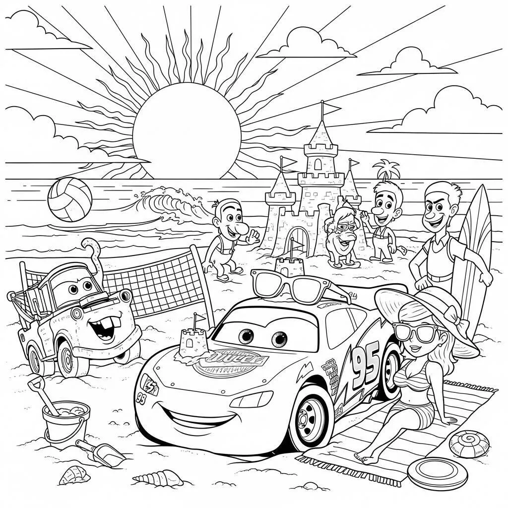 Desenho-de-Relampago-McQueen-e-os-Amigos-na-Praia-para-Colorir Desenho de Relâmpago McQueen e os Amigos na Praia para Colorir