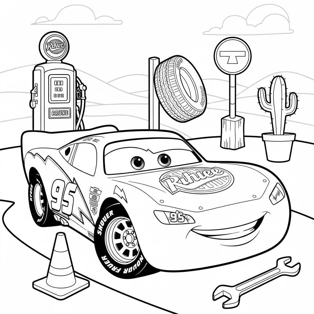 Desenho de Relâmpago McQueen e os Lados da Estrada para Colorir