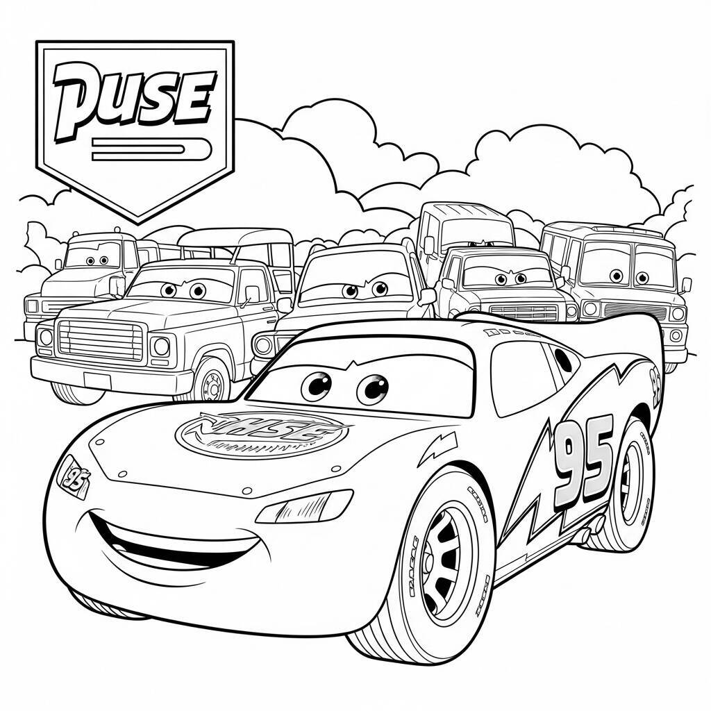 Desenho de Relâmpago McQueen e seu Comboio para Colorir